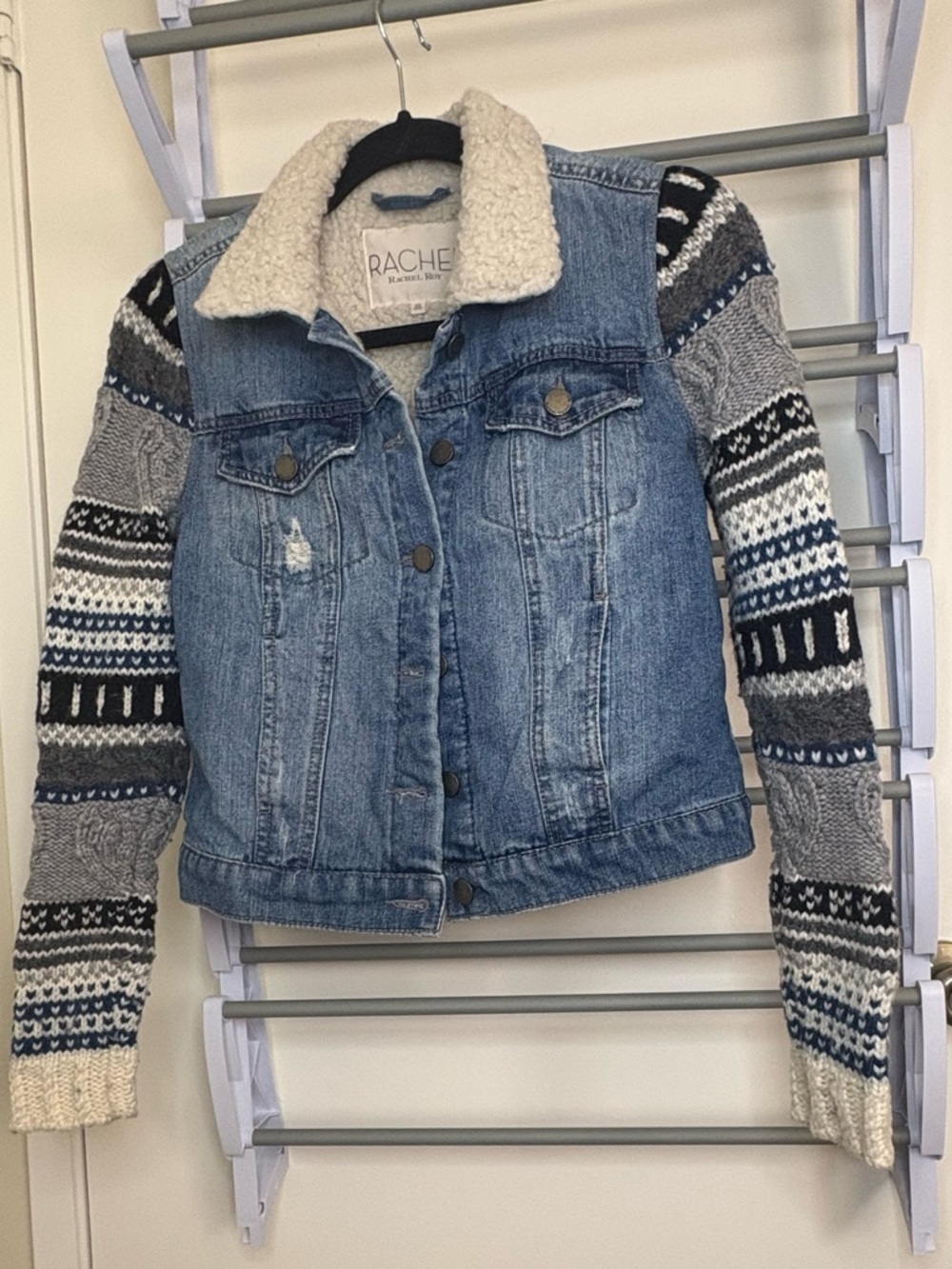Rachel Mixed-Media Denim Jacket with Sherpa Collar - Blue, Gray, Cream